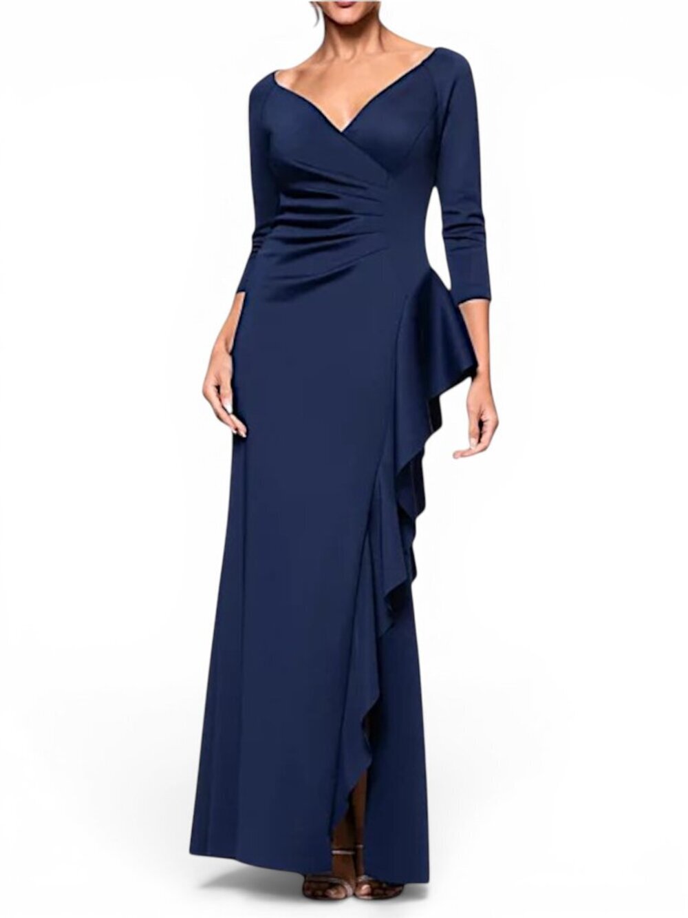 Xscape Navy V-neck Ruffled Side Slit Scuba Gown Dress Midnight Formal Evening 14